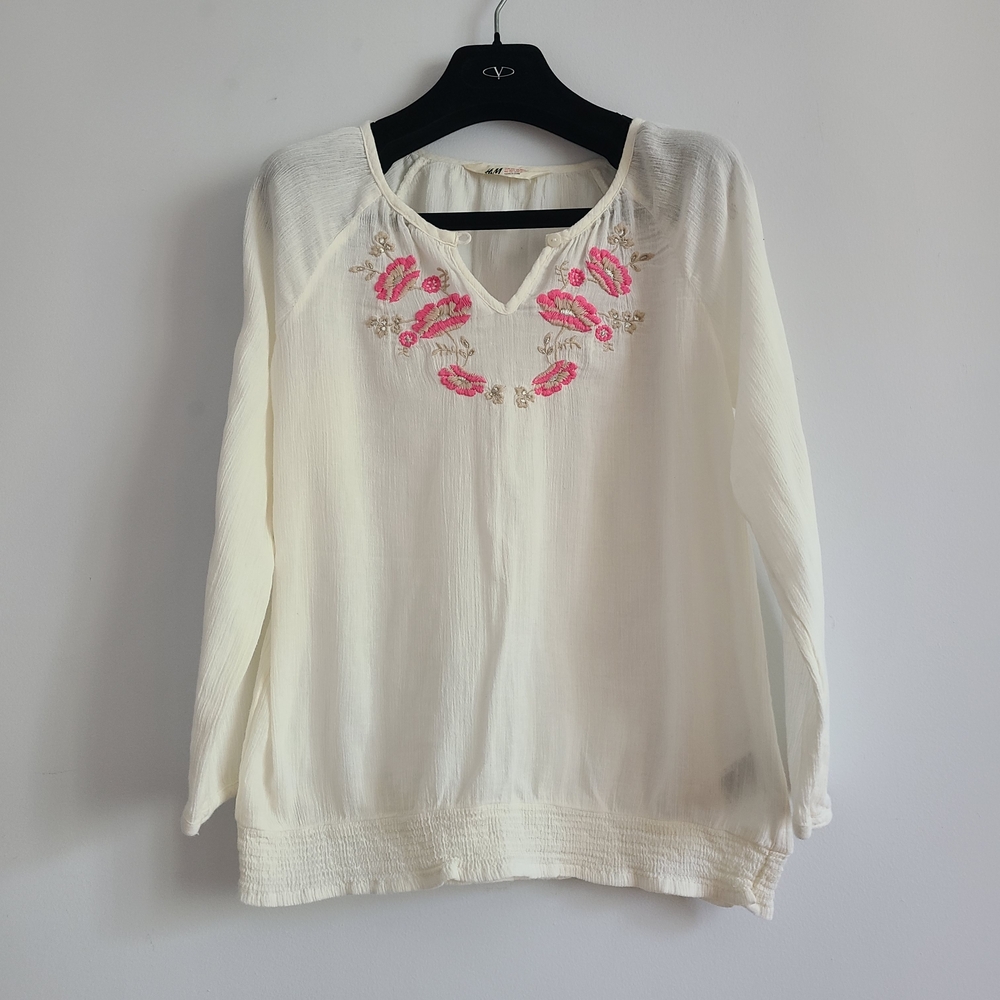 H&M Cream Blouse with Pink Embroidery 100% Cotton XS